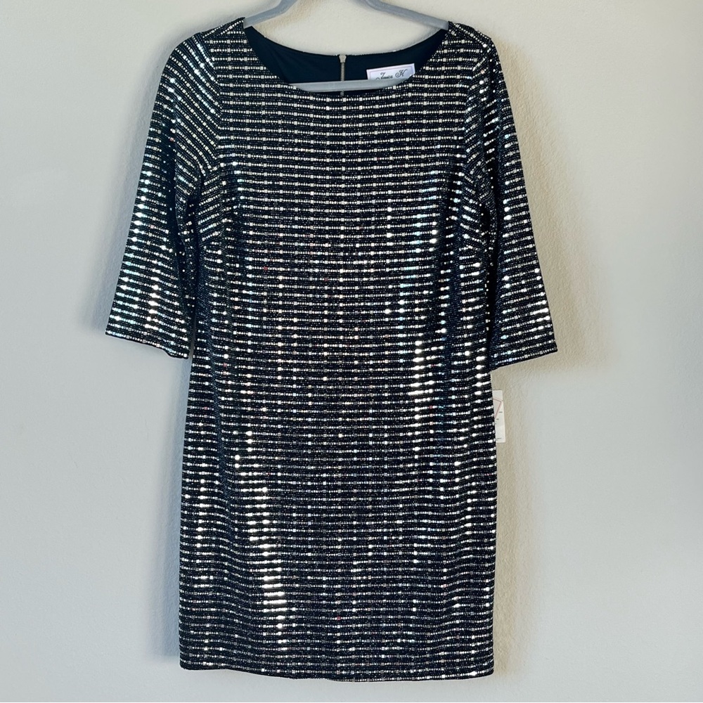 Jessica Sequin Sheath Mini Dress Black Silver Sparkle Holiday Party Cocktail 12P